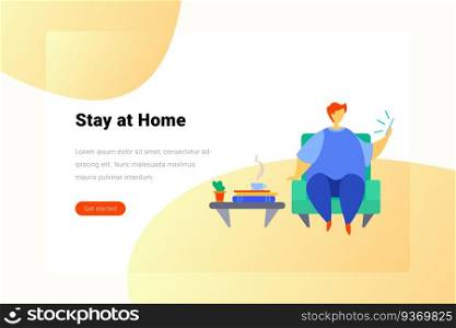 Stay Work at Home Coffee Pause Flat vector illustration concept. Man sits on home armchair holds smartphone and looks at screen.