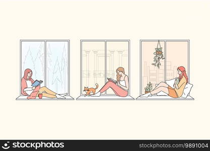 Staying at home during pandemic concept. Young women cartoon characters sitting on windowsill at home, reading, looking at window, thinking and enjoying leisure time vector illustration. Staying at home during pandemic concept