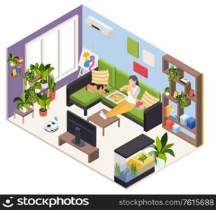 Staying home watching tv with pets eating pizza on sofa isometric living room interior vector illustration