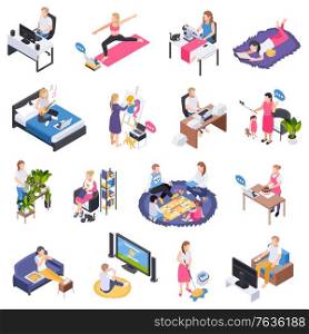 Staying home working remotely watching tv playing with kids watering plants reading sewing isometric set vector illustration