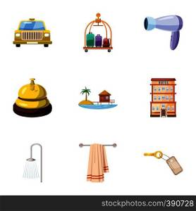 Staying in hotel icons set. Cartoon illustration of 9 staying in hotel vector icons for web. Staying in hotel icons set, cartoon style