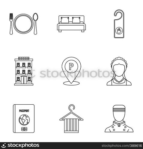 Staying in hotel icons set. Outline illustration of 9 staying in hotel vector icons for web. Staying in hotel icons set, outline style