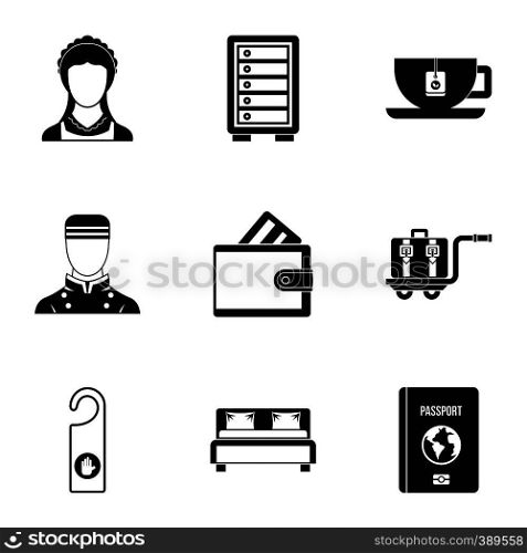 Staying in hotel icons set. Simple illustration of 9 staying in hotel vector icons for web. Staying in hotel icons set, simple style