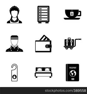 Staying in hotel icons set. Simple illustration of 9 staying in hotel vector icons for web. Staying in hotel icons set, simple style
