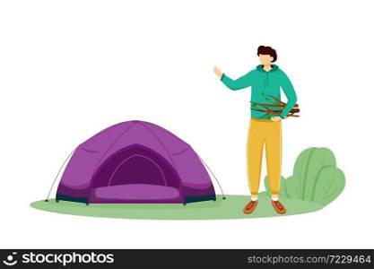 Staying in tent flat vector illustration. Summer camping activity. Cheap travelling choice. Active vacation. Young man on forest trip. Budget tourism isolated cartoon character on white background. Staying in tent flat vector illustration