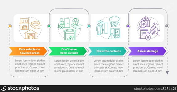 Staying safe during hail rectangle infographic template. Data visualization with 4 steps. Editable timeline info chart. Workflow layout with line icons. Myriad Pro-Bold, Regular fonts used. Staying safe during hail rectangle infographic template