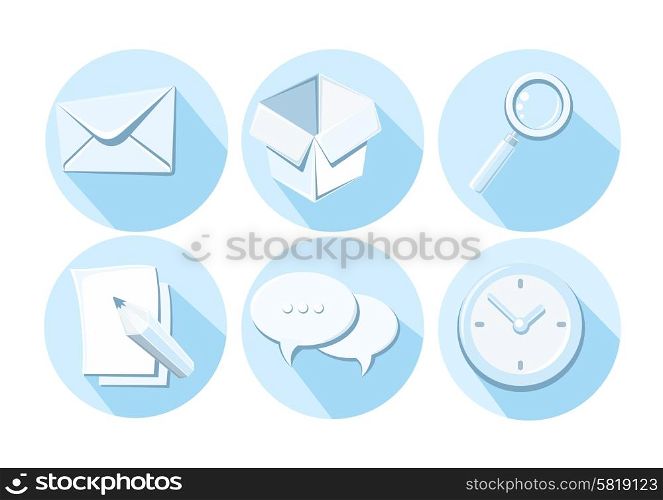 Ste of business icons letter box magnifying glass bubble watch and sheet of paper with pencil in flat design style