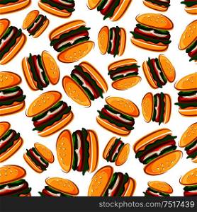 Steak burgers with fresh vegetables background for fast food design with seamless cartoon pattern of burger sandwiches with grilled beef steaks on wheat buns with fresh cucumber, onion and lettuce. Steak burgers seamless pattern background
