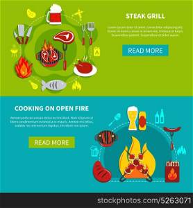 Steak Grill And Cooking On Open Fire Flat. Composition with steak grill and cooking on open fire with foods and drinks vector illustration