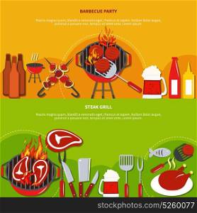 Steak Grill On Barbecue Party. Steak grill on barbecue party with food and drinks on two horizontal banners vector illustration