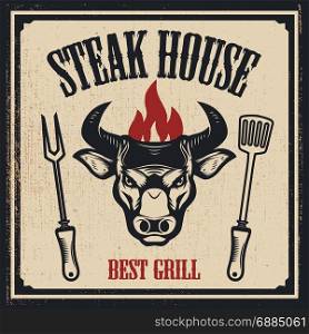 Steak house banner template. Bull head with fire. Design elements for logo, label, emblem, sign. Vector illustration