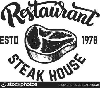 Steak house. Cutted meat and crossed meat cleavers. Design element for logo, label, emblem. Vector illustration