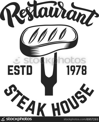 Steak house. Cutted meat and crossed meat cleavers. Design element for logo, label, emblem. Vector illustration. Steak house. Cutted meat and crossed meat cleavers. Design element for logo, label, emblem.