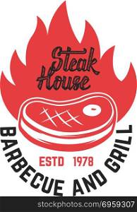Steak house. Cutted meat and crossed meat cleavers. Design element for logo, label, emblem. Vector illustration. Steak house. Cutted meat and crossed meat cleavers. Design element for logo, label, emblem.