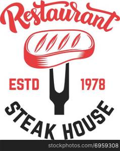 Steak house. Cutted meat and crossed meat cleavers. Design element for logo, label, emblem. Vector illustration. Steak house. Cutted meat and crossed meat cleavers. Design element for logo, label, emblem.