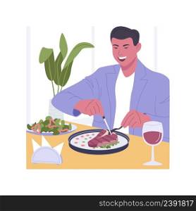 Steak house isolated cartoon vector illustrations. Hungry man cuts a juicy Argentinian t-bone steak with a knife, food menu, eating out, dining in restaurant, aged meat vector cartoon.. Steak house isolated cartoon vector illustrations.