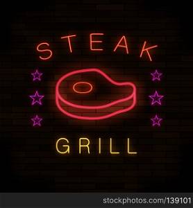 Steak House Neon Colorful Sign on Dark Brick Background. Steak House Neon Colorful Sign