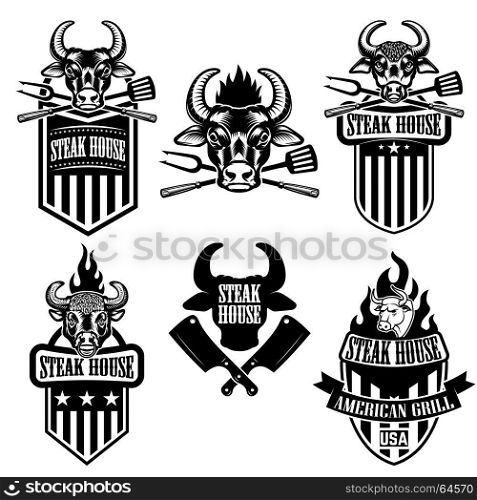 steak house. Set of the emblems with kitchen tools with bull heads. Design element for logo, label, emblem, sign, brand mark. Vector illustration.