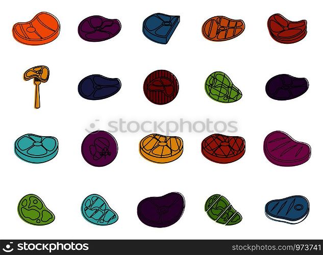 Steak icon set. Color outline set of steak vector icons for web design isolated on white background. Steak icon set, color outline style