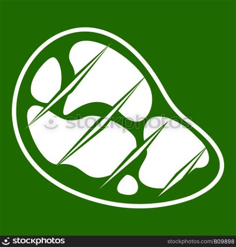 Steak icon white isolated on green background. Vector illustration. Steak icon green