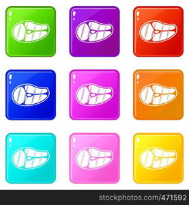 Steak icons of 9 color set isolated vector illustration. Steak icons 9 set