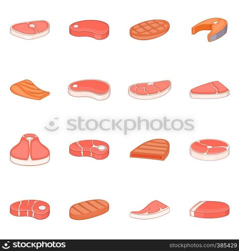 Steak icons set. Cartoon illustration of 16 steaks vector icons for web. Steak icons set, cartoon style