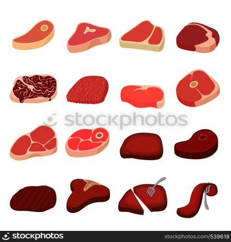 Steak icons set in cartoon style on a white background. Steak icons set, cartoon style