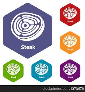 Steak icons vector colorful hexahedron set collection isolated on white. Steak icons vector hexahedron