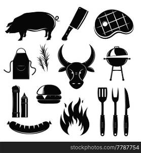 Steakhouse vintage elements collection with isolated silhouette monochrome images of meat products spices sauces and cutlery vector illustration. Steak House Elements Set