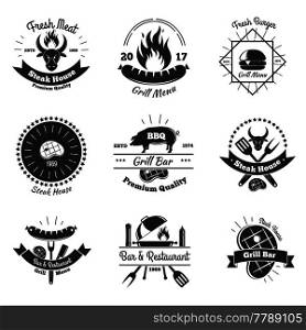 Steakhouse vintage emblems collection with flat monochrome images of kitchenware flame meat steaks and decorative elements vector illustration. Steakhouse Vintage Emblems Set