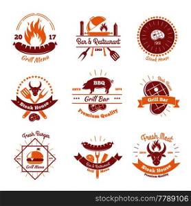 Steakhouse vintage emblems set of nine isolated flat images of fresh meat burgers sausages and text vector illustration. Fresh BBQ Emblems Collection