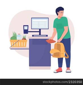 Stealing at self check out 2D vector isolated illustration. Customer dishonesty. Supermarket pilferer flat character on cartoon background. Grocery colourful scene for mobile, website, presentation. Stealing at self check out 2D vector isolated illustration