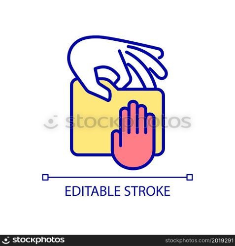 Stealing copyrighted material prevention RGB color icon. Reporting copyright infringement. Fighting content theft. Isolated vector illustration. Simple filled line drawing. Editable stroke. Stealing copyrighted material prevention RGB color icon