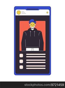 Stealing identity on smartphone screen flat line concept vector spot illustration. Hide face by emoji 2D cartoon outline object on white for web UI design. Editable isolated color hero image. Stealing identity on smartphone screen flat line concept vector spot illustration