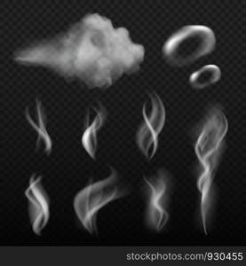 Steam and smoke. Vape shapes hot kitchen smell vector realistic pictures. Illustration of smell and smoke cloud, abstract odour and vapor. Steam and smoke. Vape shapes hot kitchen smell vector realistic pictures