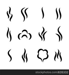 Steam aroma icons. Coffee and tea smell black symbols, set of aroma scent gas vapour and water steam. Vector lines heat smoke pictograms set. Steam aroma icons. Coffee and tea smell black symbols, set of aroma scent gas vapour and water steam. Vector smoke pictograms set