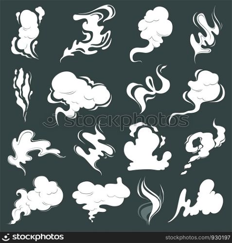 Steam clouds. Cartoon dust smoke smell vfx explosion vapour storm vector pictures isolated. Smoke steam, vapour and smell, vapor cloud, aroma perfume illustration. Steam clouds. Cartoon dust smoke smell vfx explosion vapour storm vector pictures isolated