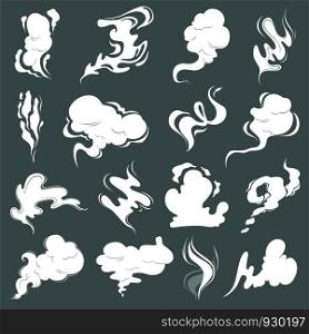 Steam clouds. Cartoon dust smoke smell vfx explosion vapour storm vector pictures isolated. Smoke steam, vapour and smell, vapor cloud, aroma perfume illustration. Steam clouds. Cartoon dust smoke smell vfx explosion vapour storm vector pictures isolated