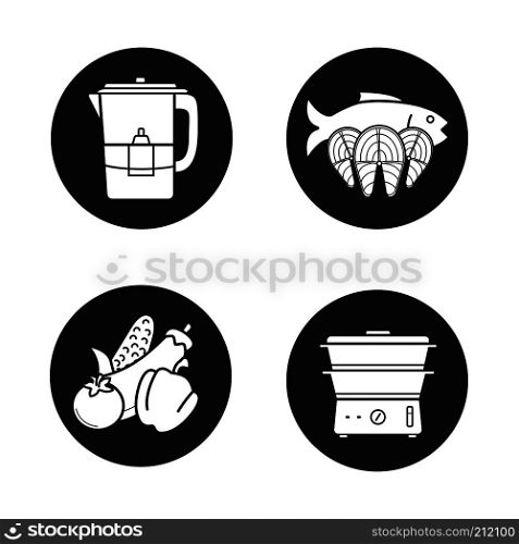 Steam cooking icons set. Vegetables, salmon fish steaks, water filter and steam cooker. Vector white silhouettes illustrations in black circles. Steam cooking icons set