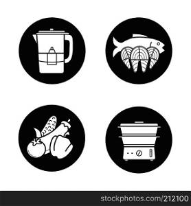 Steam cooking icons set. Vegetables, salmon fish steaks, water filter and steam cooker. Vector white silhouettes illustrations in black circles. Steam cooking icons set