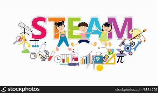 STEAM Education. A Framework for Education Across the Disciplines. Science Technology Engineering Arts Mathematics. Composition with patterns of paper cutting. With Cartoon, girl, boy.