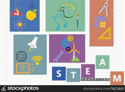STEAM Education. Science Technology Engineering Arts Mathematics. calculate math. with Abbreviations STEAM. linked by a Dashed line table on multicolored background with copy space for Infographic.