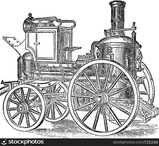 Steam Fire Engine, vintage engraved illustration. Trousset encyclopedia (1886 - 1891).