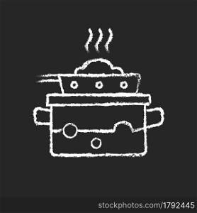 Steam for cooking chalk white icon on dark background. Boil water in pot to cook meal on pan. Dinner recipe. Cooking instruction. Food preparation. Isolated vector chalkboard illustration on black. Steam for cooking chalk white icon on dark background