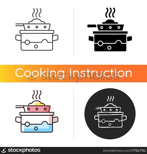 Steam for cooking icon. Boil water in pot to cook meal on pan. Dinner recipe. Cooking instruction. Food preparation process. Linear black and RGB color styles. Isolated vector illustrations. Steam for cooking icon