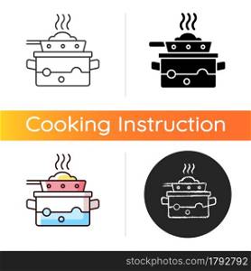 Steam for cooking icon. Boil water in pot to cook meal on pan. Dinner recipe. Cooking instruction. Food preparation process. Linear black and RGB color styles. Isolated vector illustrations. Steam for cooking icon