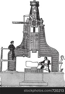 Steam hammer, vintage engraved illustration.Trousset encyclopedia (1886 - 1891).