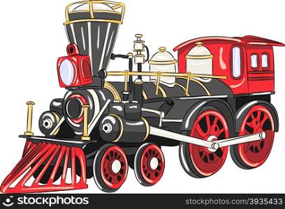 Steam locomotive of black color with red wheels.