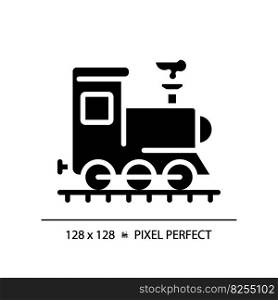 Steam locomotive pixel perfect black glyph icon. Rail vehicle. Retro train. Railway transport. Industrial revolution. Silhouette symbol on white space. Solid pictogram. Vector isolated illustration. Steam locomotive pixel perfect black glyph icon