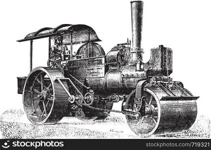 Steam roller for rolling pavement, vintage engraved illustration. Industrial encyclopedia E.-O. Lami - 1875.